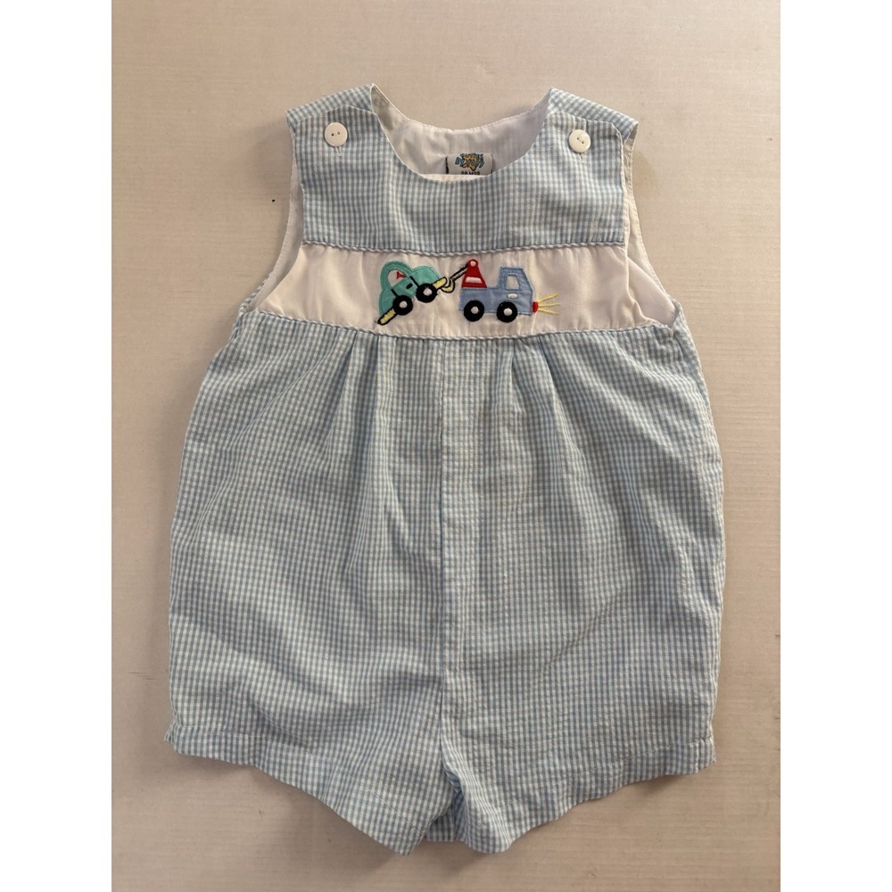 Vintage Baby Boy One Piece Romper Sz 24 Months Blue Checkered Tow Truck Car - Picture 4 of 6
